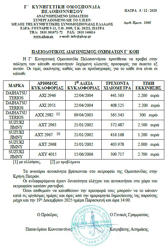 Πλειοδοτικός διαγωνισμός οχημάτων της Γ΄Κ.Ο.Π.